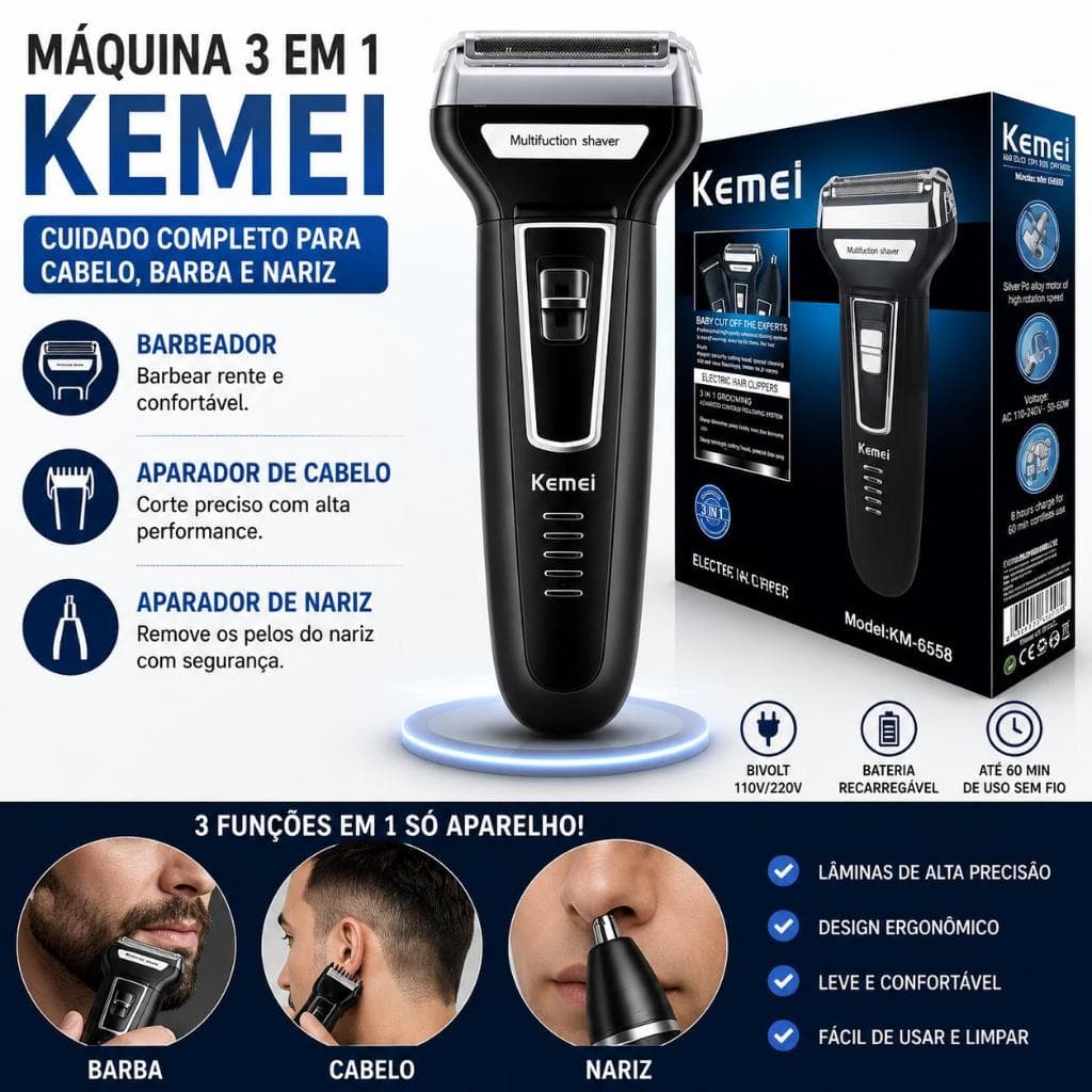 Máquina de Cortar Cabelo 3 em 1 Recarregável Aparador Barbeador Nariz Bivolt Sem Fio Alta Precisão top