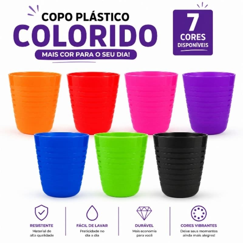 Kit Copos de Plástico 250ml Colorido Resistente Reutilizável para Festas Eventos
