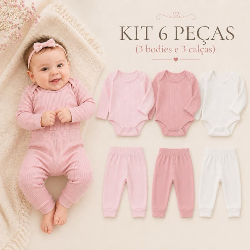 Kit Roupa Bebê 6 Peças Canelado 100% Algodão Macio
