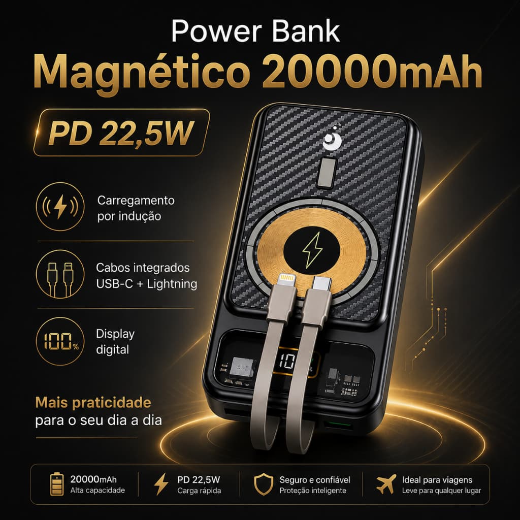 Carregador Portátil Power Bank 20000mAh Por Indução PD 22,5W Com USB-C e Lightning Para iPhone e Android