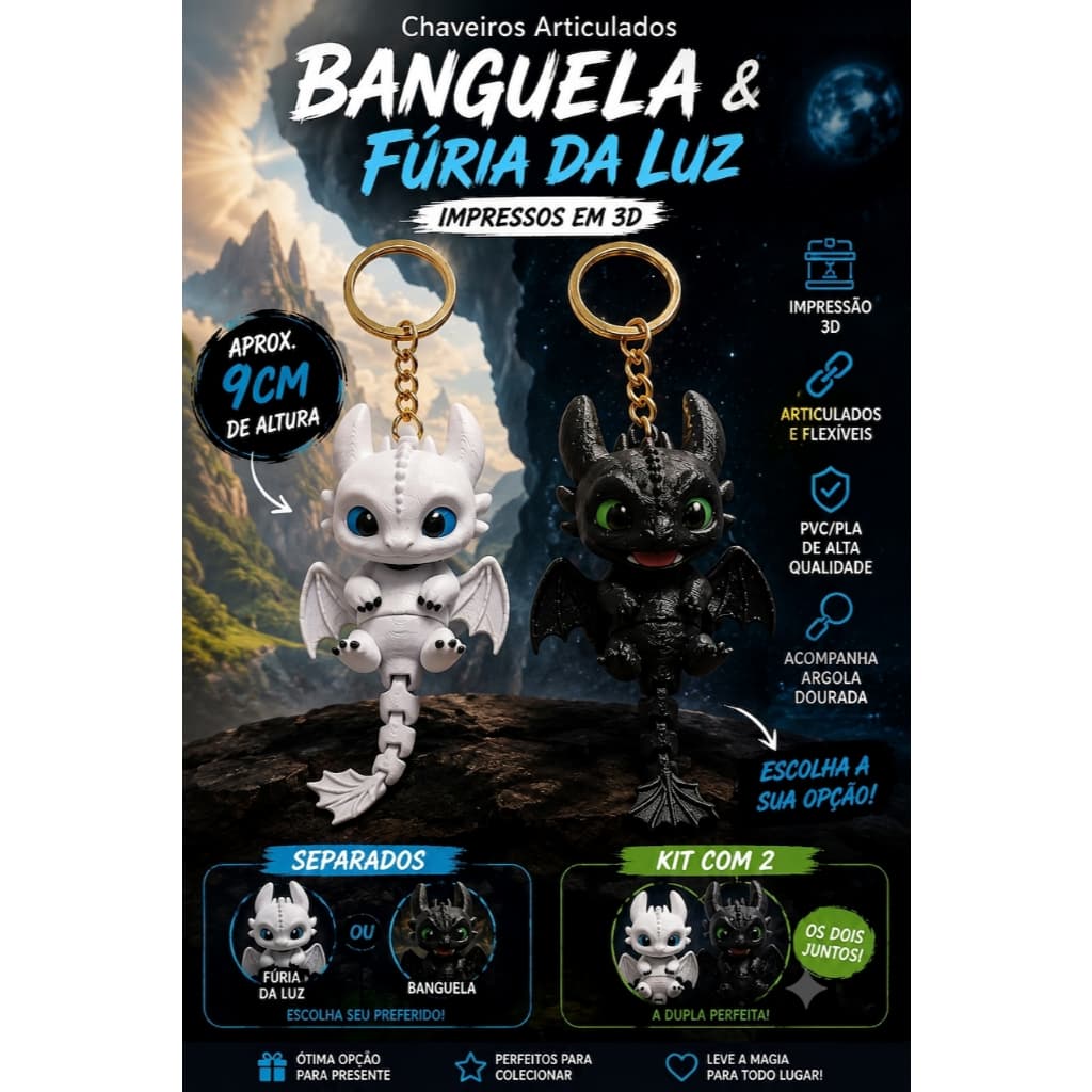 Chaveiro Banguela e Fúria da Luz  Como Treinar o Seu Dragão - Articulados