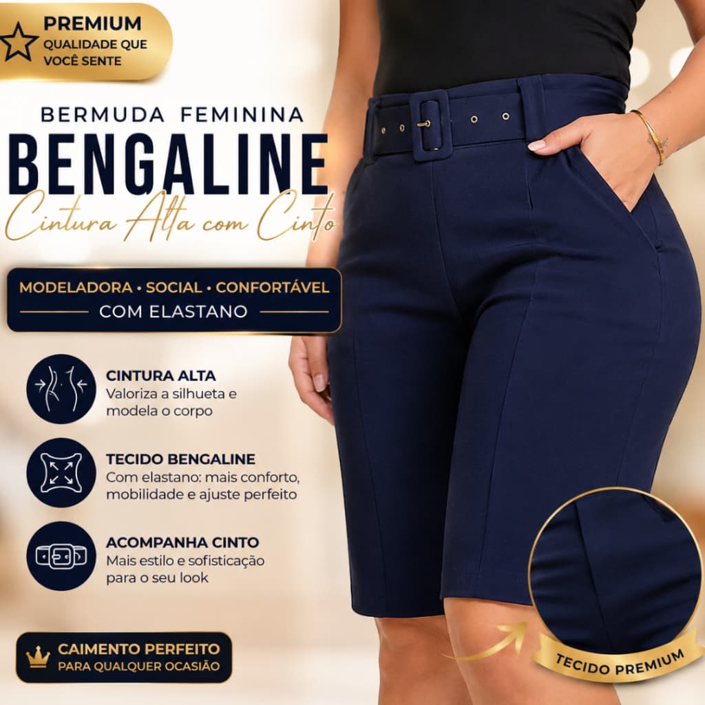 Bermuda Feminina Plus Size Bengaline Cintura Alta com Cinto Modeladora Social Premium Confortável com Elastano