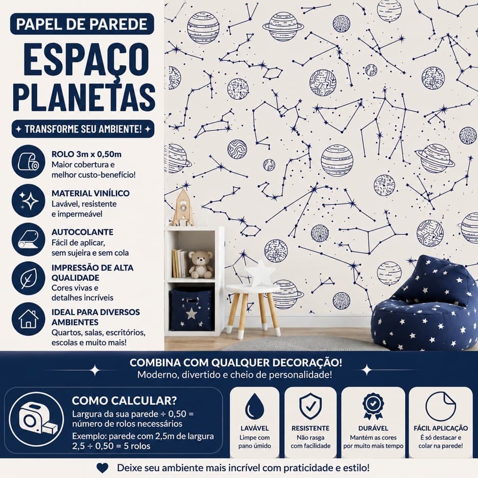 Papel de Parede Adesivo Para Quarto Constelação Autocolante 3x50