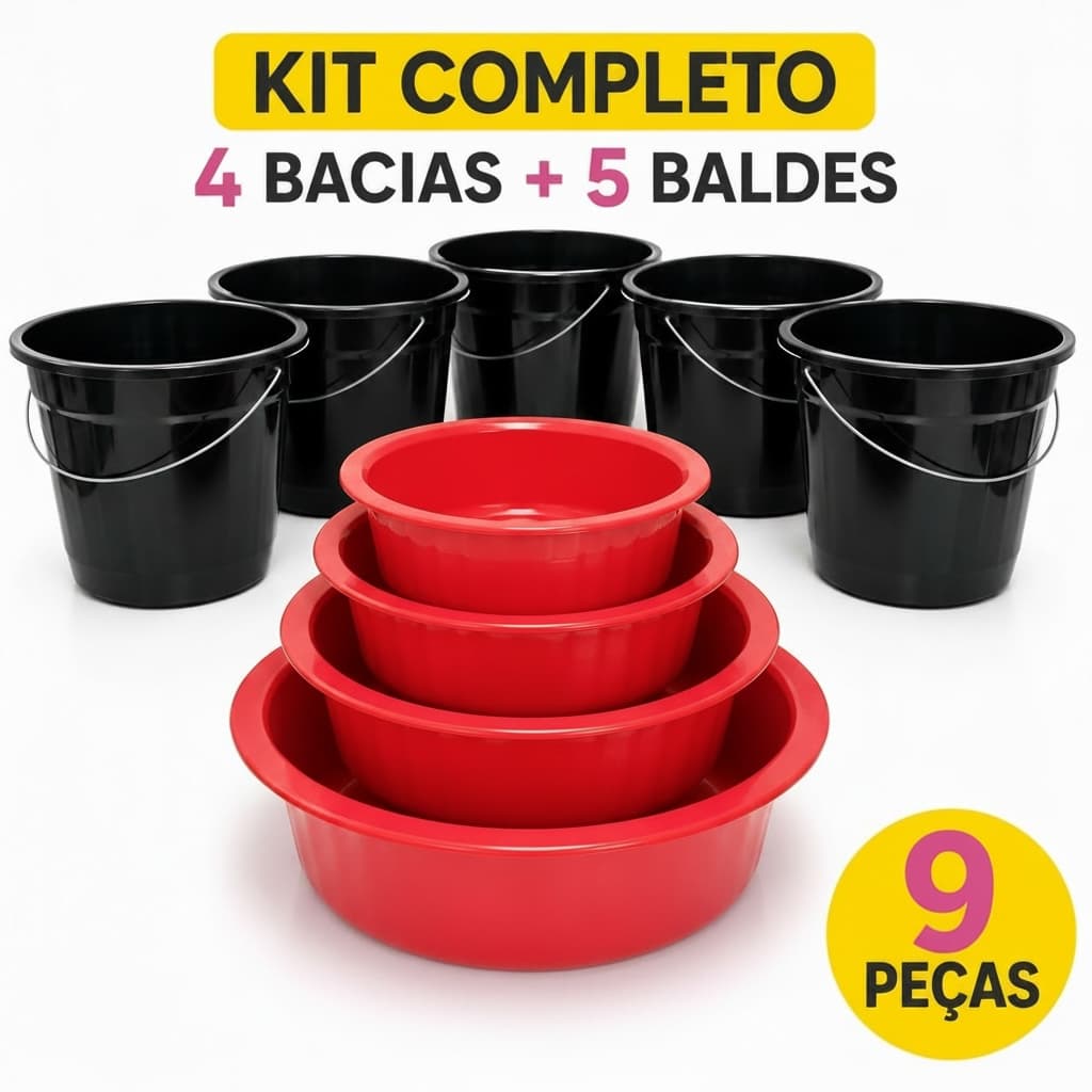 Kit 9 Peças | 4 Bacias Plásticas + 5 Baldes 5 Litros Resistentes Multiuso