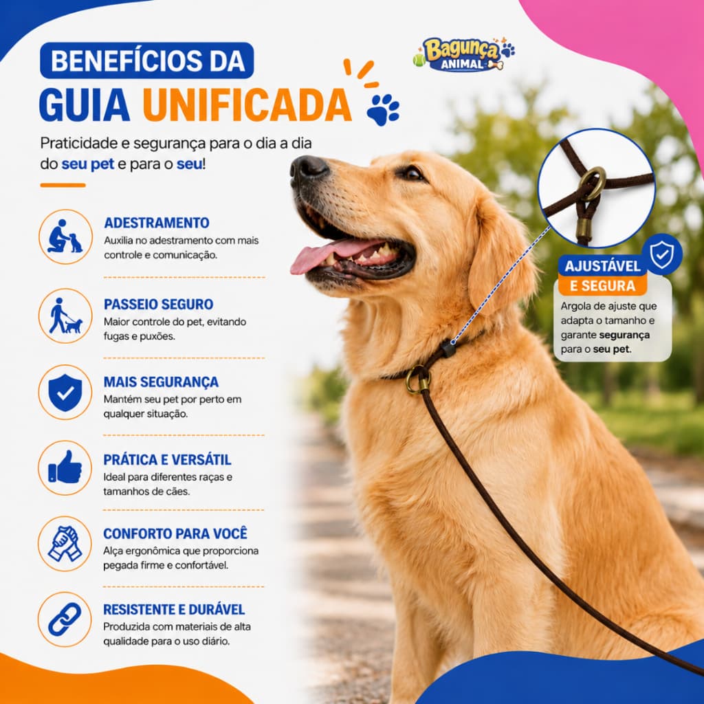 Guia Unificada Educativa 2m 8mm P/ Cães Adestramento Coleira