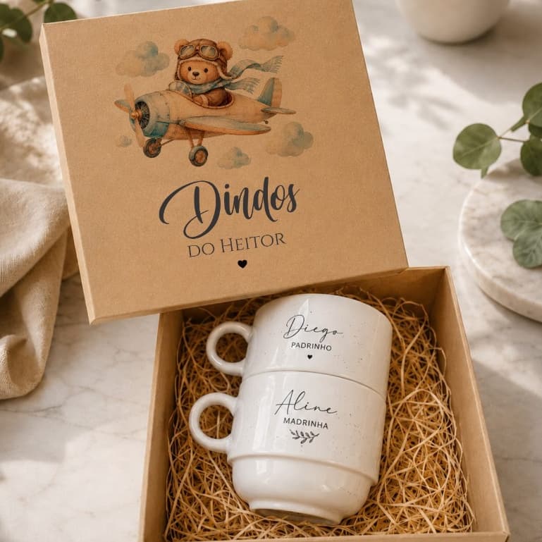 Kit 2 Xícaras + Caixa MDF Personalizadas Para Dindos, Padrinhos de casamento, dinda e dindo,presente