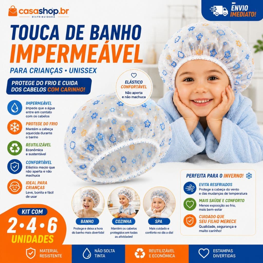 Kit Touca De Banho Infantil Impermeável Reutilizável 2 4 ou 6 Unidades