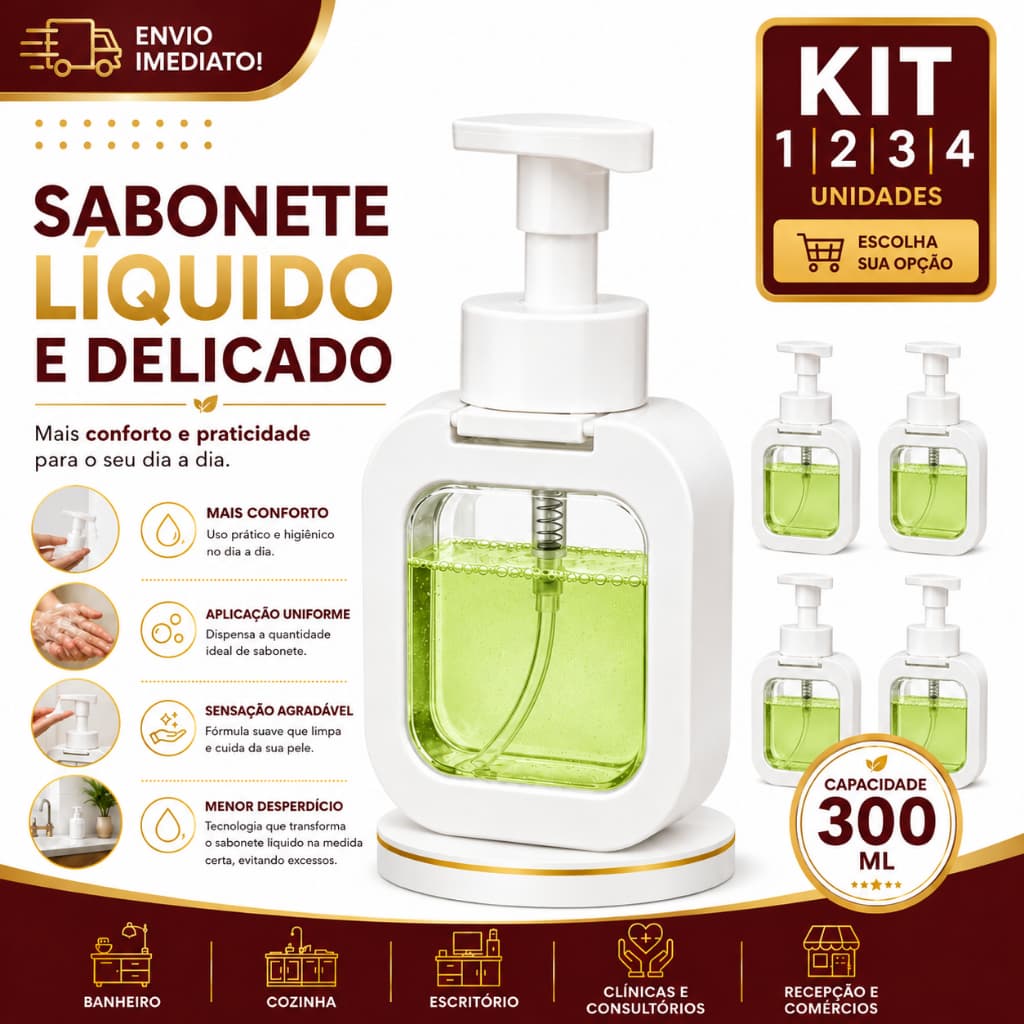 Dispenser Porta Sabonete Líquido 1/2/3/4 Branco Transparente Manual 300ml Para Banheiro Cozinha Lavabo Recarregável