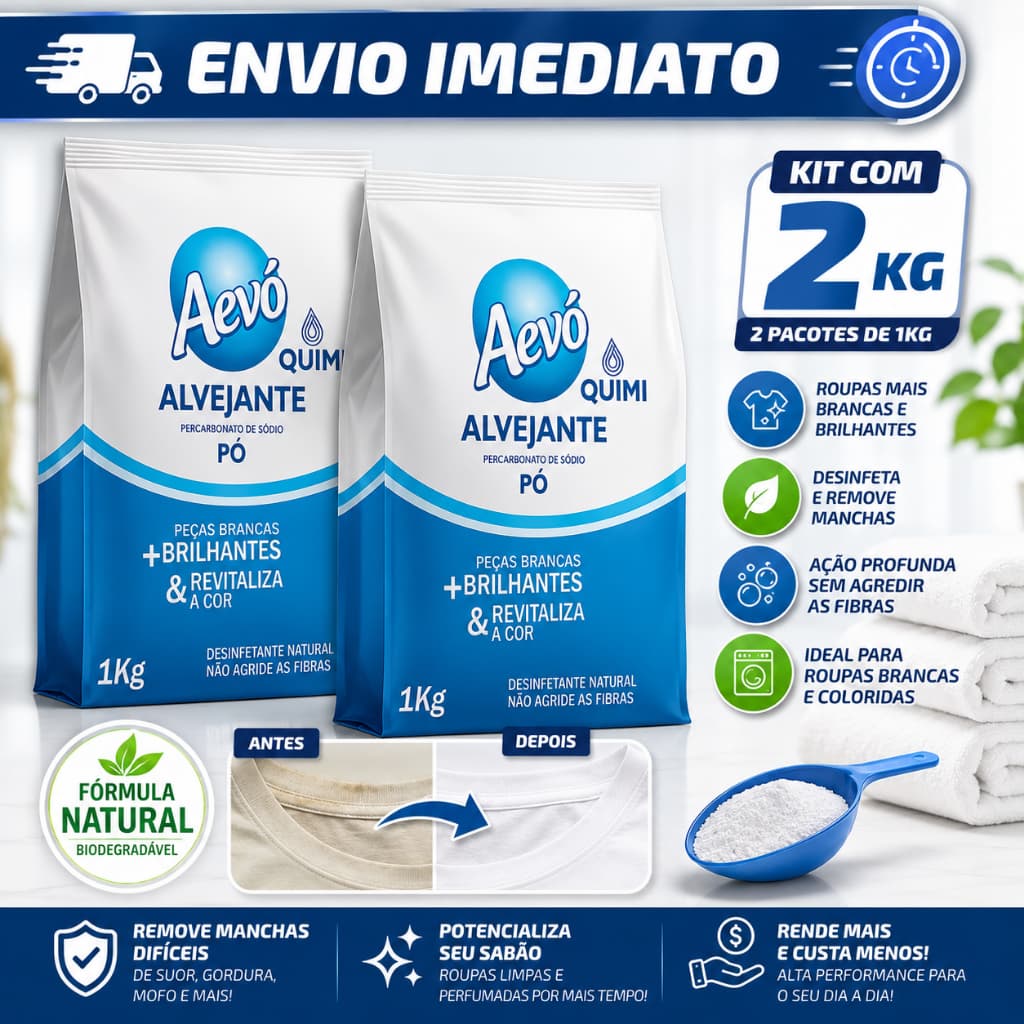 Percarbonato de Sódio Quimivida Aevó Kit com 2kgs Alvejante sem Cloro, Tira Manchas + Roupas Brancas