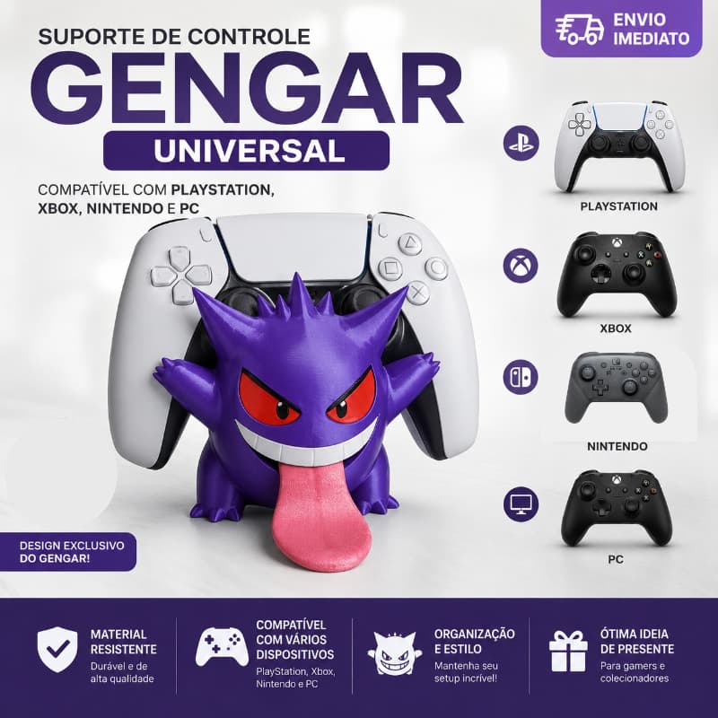 Suporte de Controle Gamer do Gengar - Pokémon - Universal - PS4 PS5 Xbox Switch PC