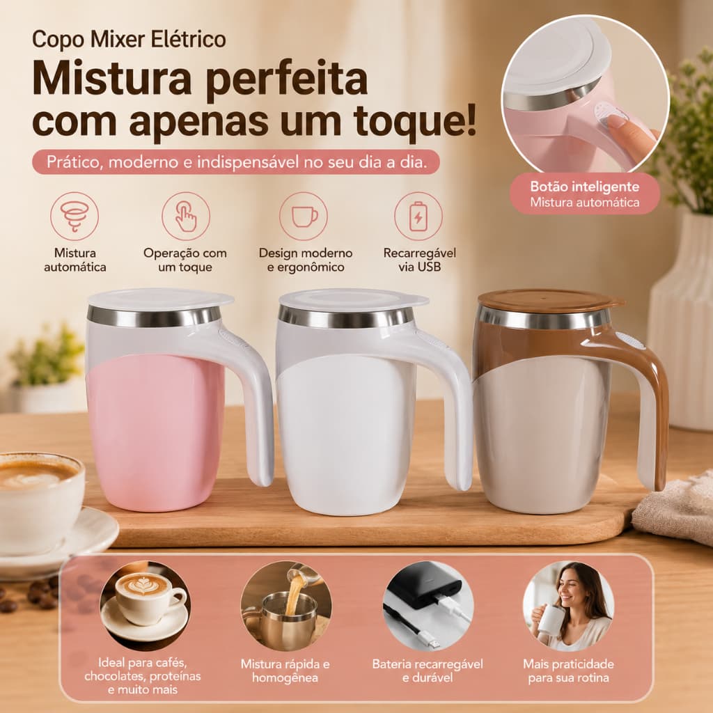 Caneca Misturadora Automática USB Recarregável 380ml para Café e Bebidas