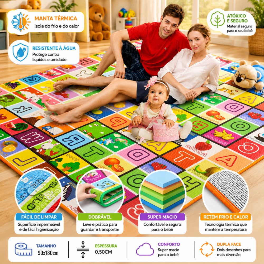 Tapete Termico Emborrachado Infantil Para Atividades Educativo Dobravel Tatame Bebê 180x90cm Grande