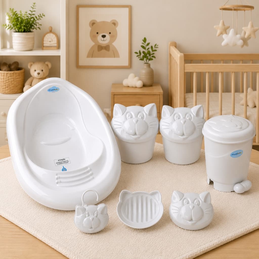 Lixeira quarto bebê banheira 6 itens porta algodão saboneteira infantil mãe