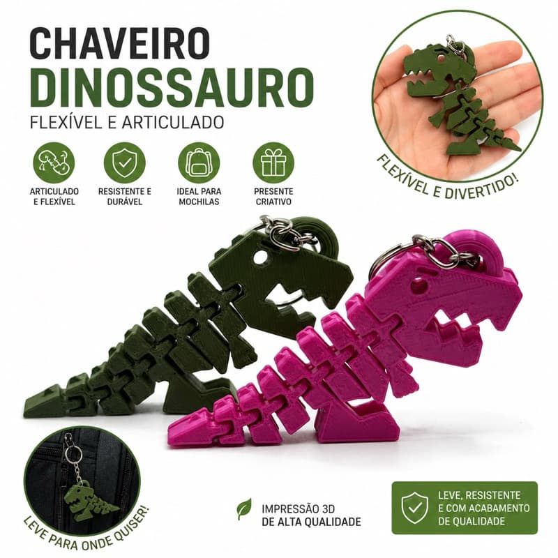 Chaveiro Dinossauro Flexível Articulado 3D Fidget para Mochila e Chaves Presente Criativo