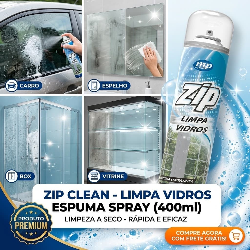 Limpa Vidros Espuma Spray Vidro Carro Espelho Box Vitrines Limpeza  Zip Clean 400ml