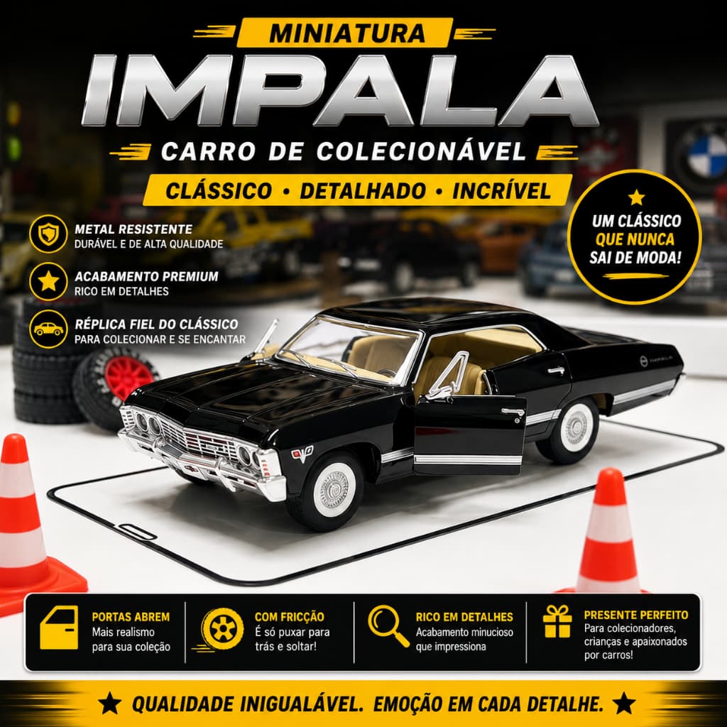 Miniatura Impala Preto em Metal Carrinho Colecionável com Fricção e Portas que Abrem