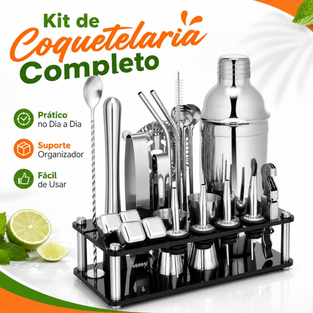 Kit Coqueteleira 23 Peças Inox 750ml Bartender Profissional com Suporte para Drinks e Caipirinha