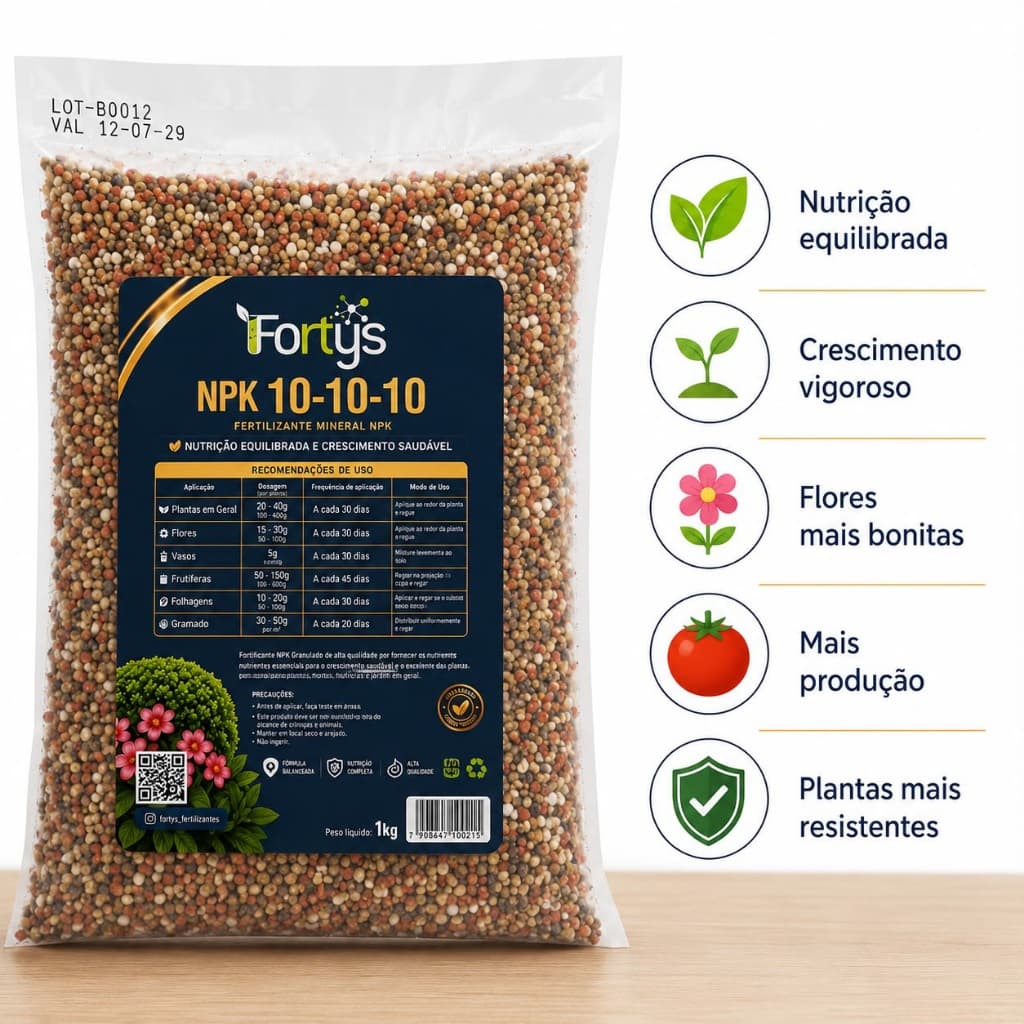 NPK 10-10-10 1 kg Adubo Fertilizante Granulado para Plantas, Jardim, Horta e Flores FORTYS