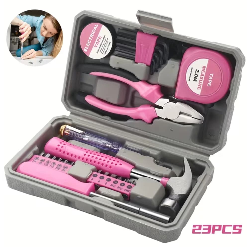 Kit Ferramentas Rosa 13/24 Peças Maleta Multifuncional para Reparos Domésticos, Trabalho e Projetos DIY