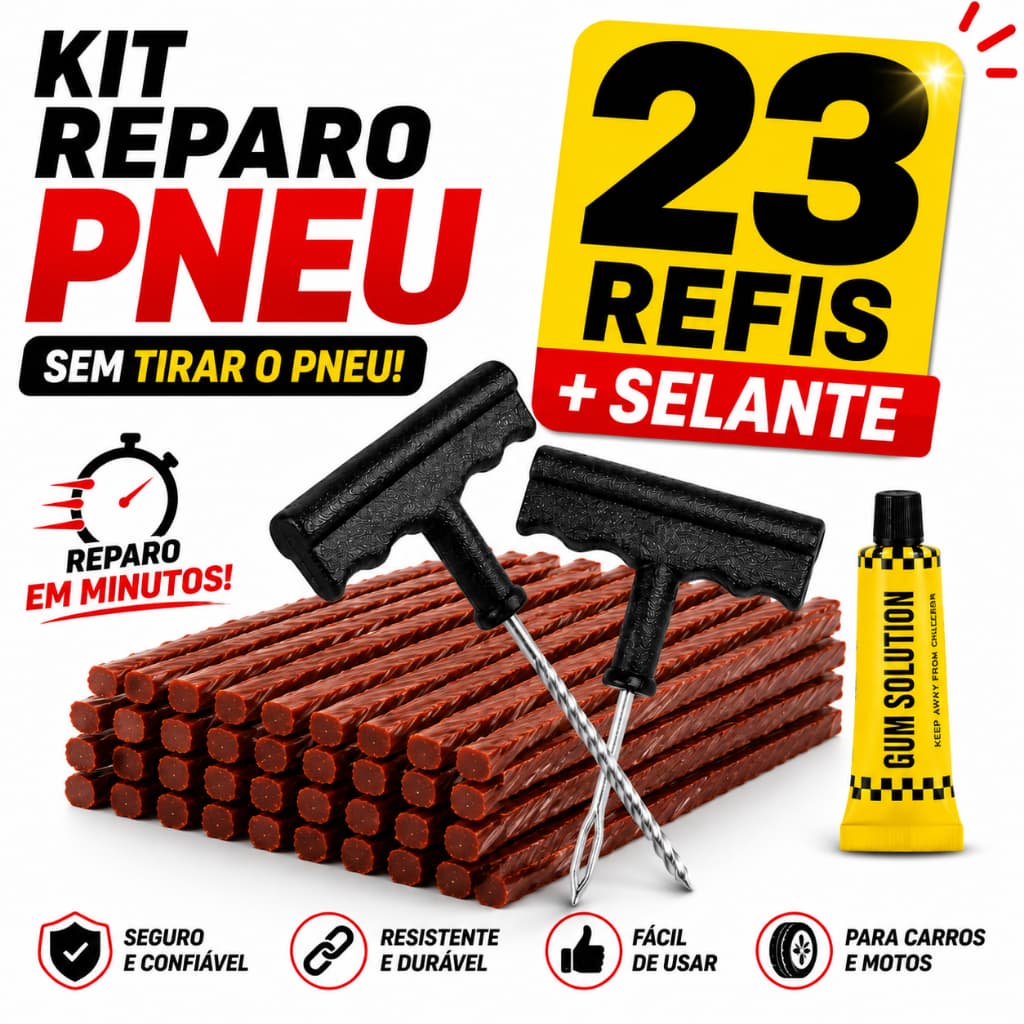Kit Reparo Pneu Macarrão Moto Carro 23 Refis Remendo Selante Conserto Sem Câmara Profissional