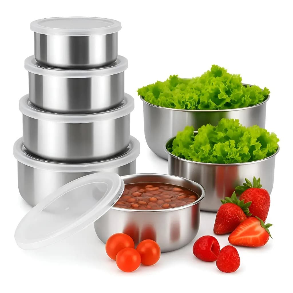 Conjunto De Tigelas Inox Com Tampa 5 Peça Empalhável Cozinha