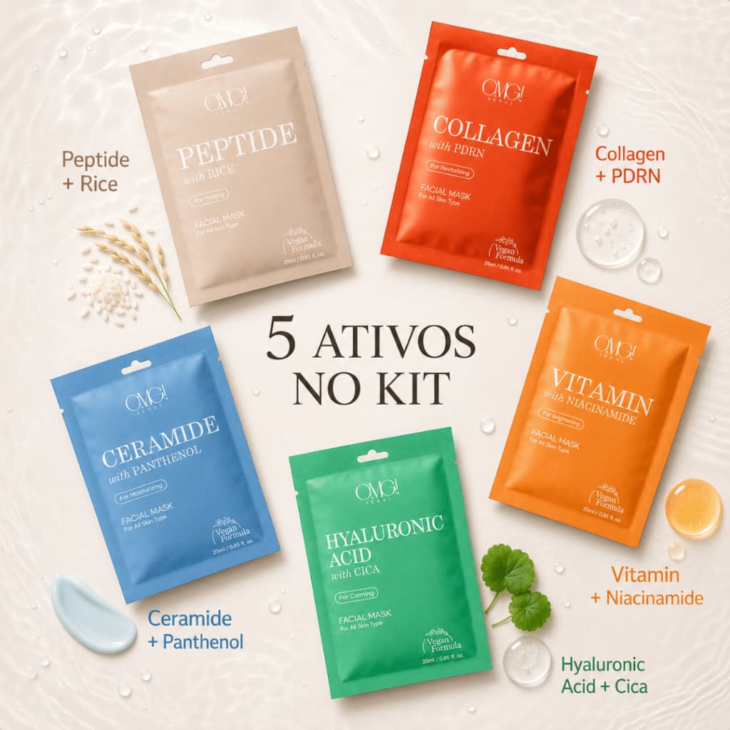 Kit 5 Máscaras Faciais Coreanas OMG Seoul Sheet Mask com Colágeno PDRN e Niacinamida
