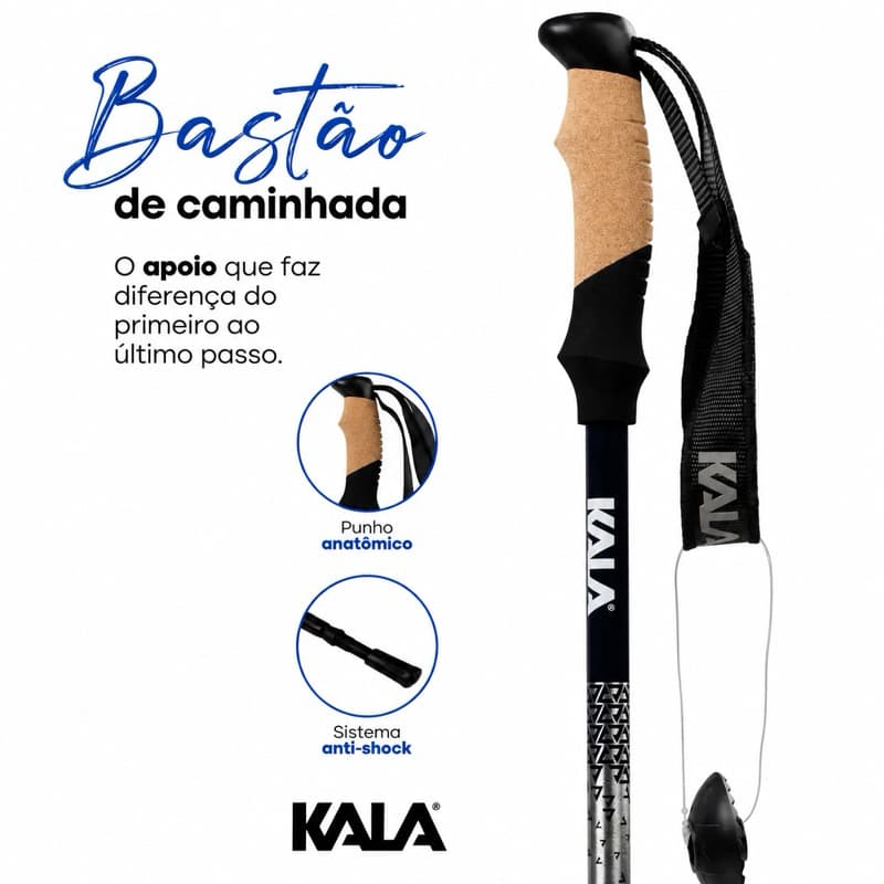 Bastão de Caminhada Kala Retrátil com Sistema Anti-Shock e Punho Anatômico para Trekking, Trilha e Camping