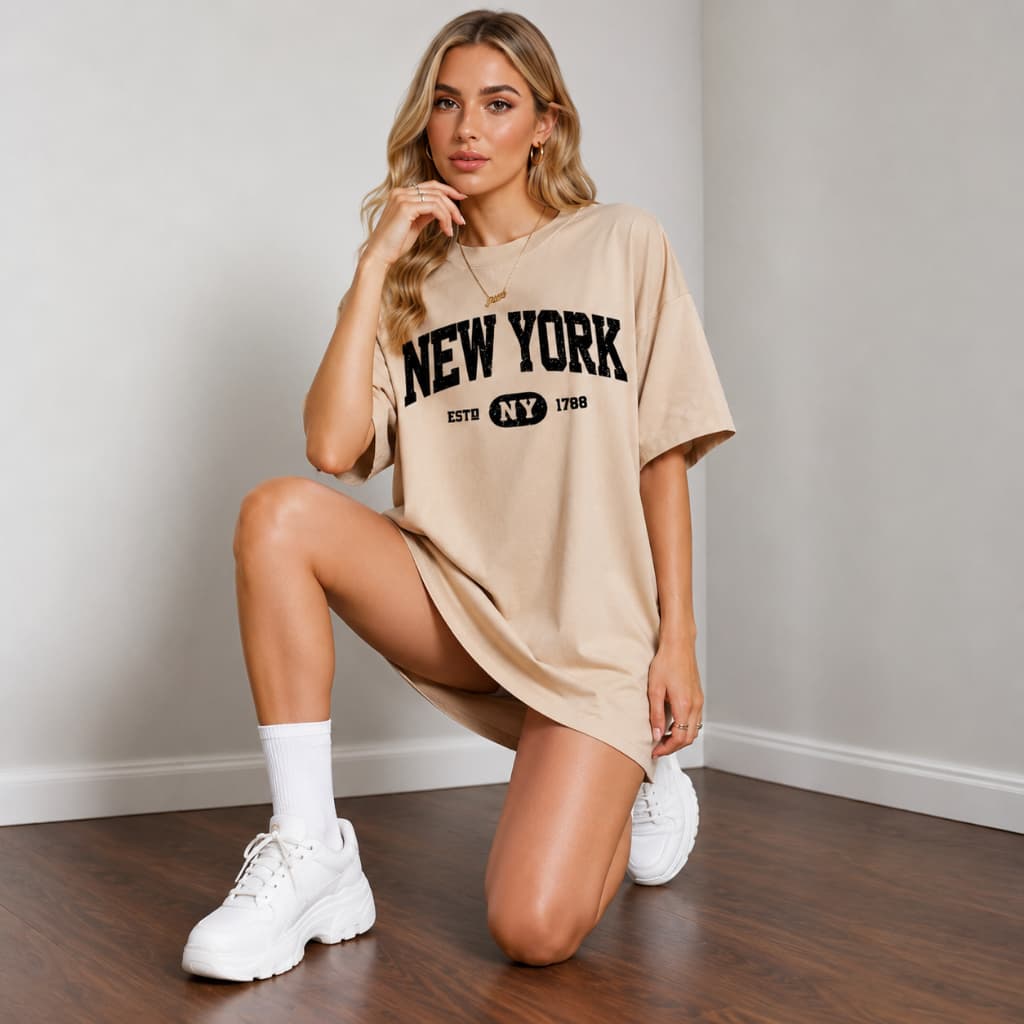 Camiseta Oversized Feminina New York Estampada 100% Algodão Fio 30.1 Premium Confortável Cores Tamanhos P/M/G/GG