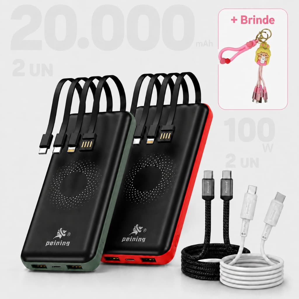 Kit 2 Power Banks Indução 20.000mAh Vermelho + Verde 2 Unidades Cabos USB-C/USB-C Preto e Branco 60W + Chaveiro Sortido