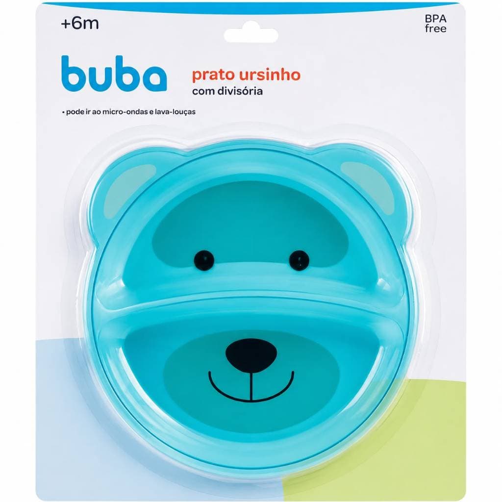 Prato  infantil buba original ursinho azul - livre de BPA, comporta microondas com 2 compartimentos