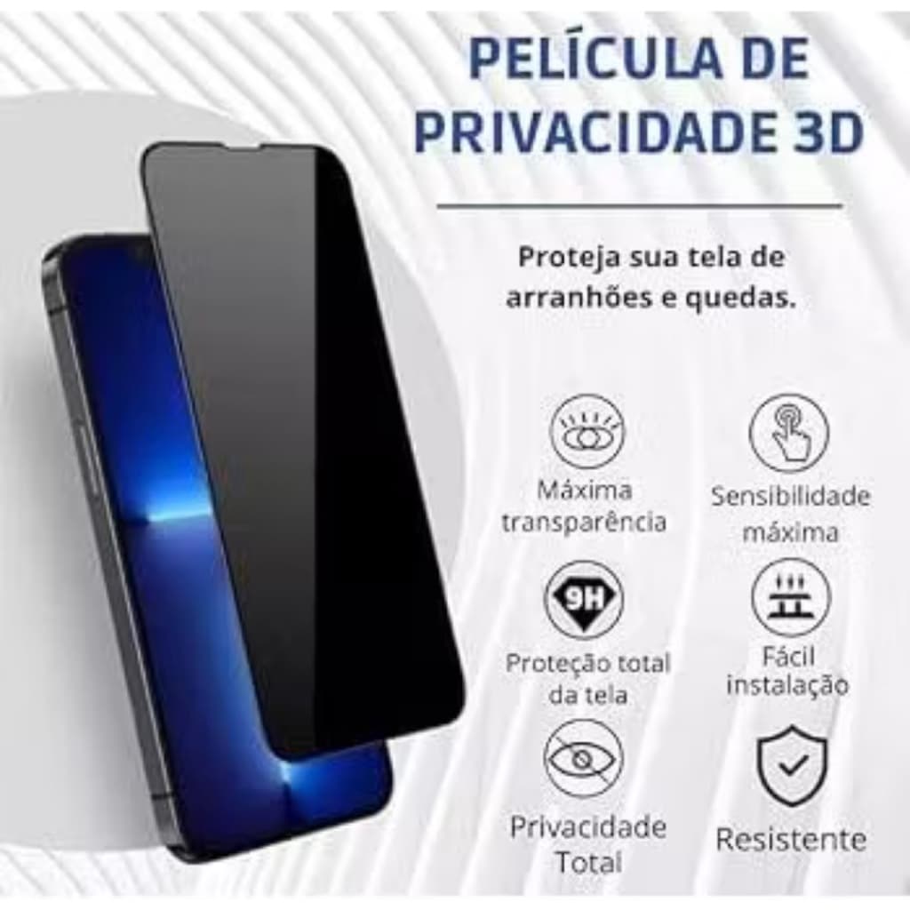 Película de Vidro Temperado Premium 3D Privativa Anti Spy para iPhoneXS/XR/11/12/13/14/15/16 Pro Max