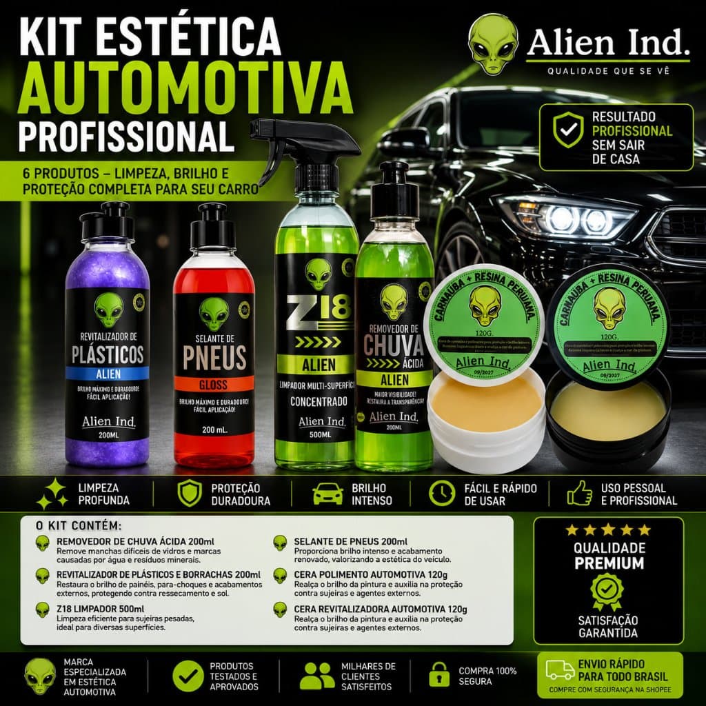 Kit 6 Produtos Estetica Automotiva Alien Ind Cera Polimento