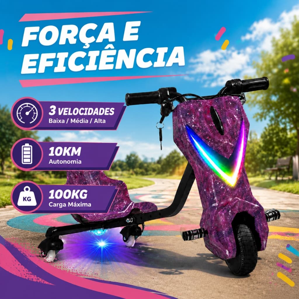 ✨Triciclo Elétrico Infantil Com Bluetooth Drift 36V 350W 3 Velocidades LED