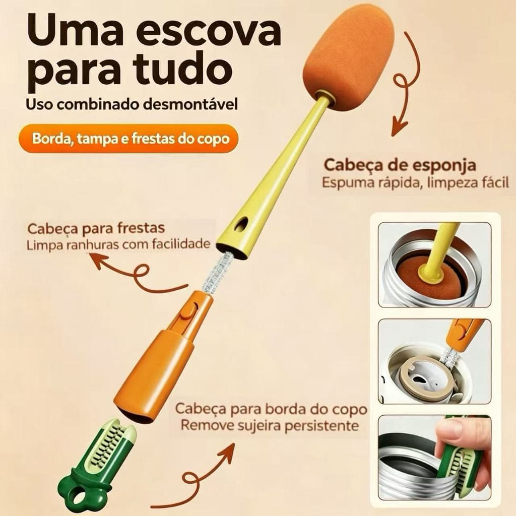 Escova de Limpeza Multifuncional 3 em 1 - Tampa e Garrafa Bebê, Verde, 28x5cm