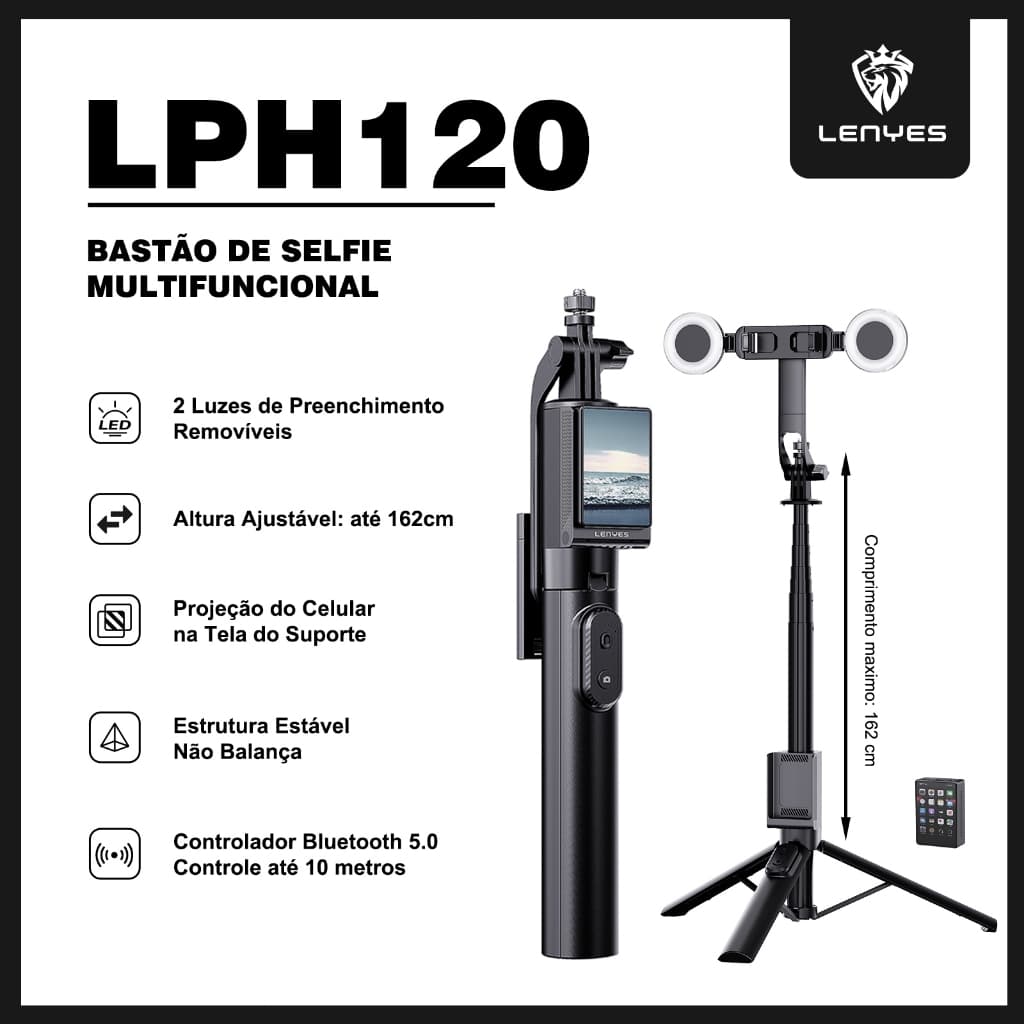 Tripé para Celular de 1,62 m Bastão de Selfie com Bluetooth Duas Luzes LED Espelhamento de Tela para Celular LENYES
