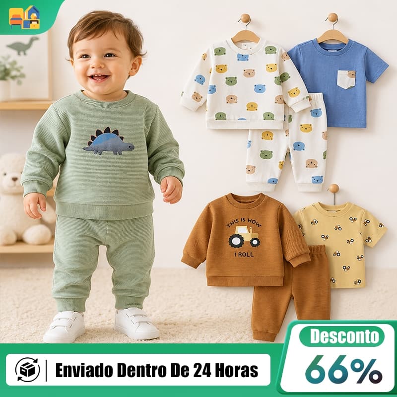 Conjunto Infantil Menino 3 Peças Bebê Roupa Algodão Macio Estampado Dinossauro Urso Trator 6m a 24m