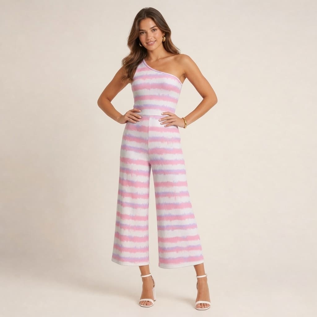Macacão Feminino Ombro Único Pantalona Canelado Tie Dye Casual Elegante Verão