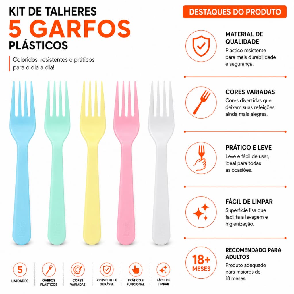 Kit 5 Garfos Plásticos Infantil Colorido Alimentação Bebê BPA Free +18 Meses