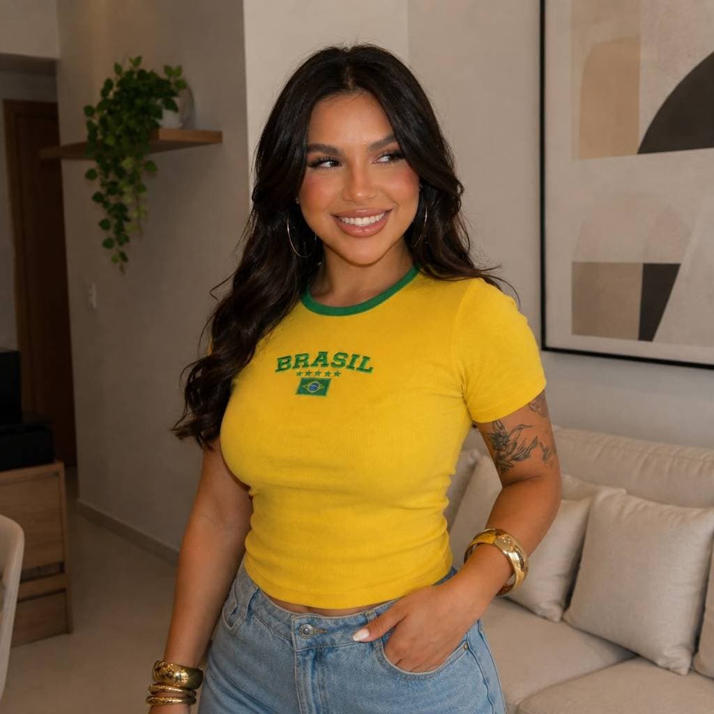 Cropped Brasil Feminino Patriota Bordado Blusa Copa Futebol Malha Ribana Seleção Brasileira Eleições