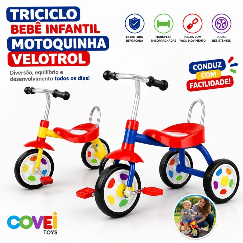 Triciclo Bebê Infantil Motoquinha Velotrol Brinquedo Infantil Velotrol Com pedal