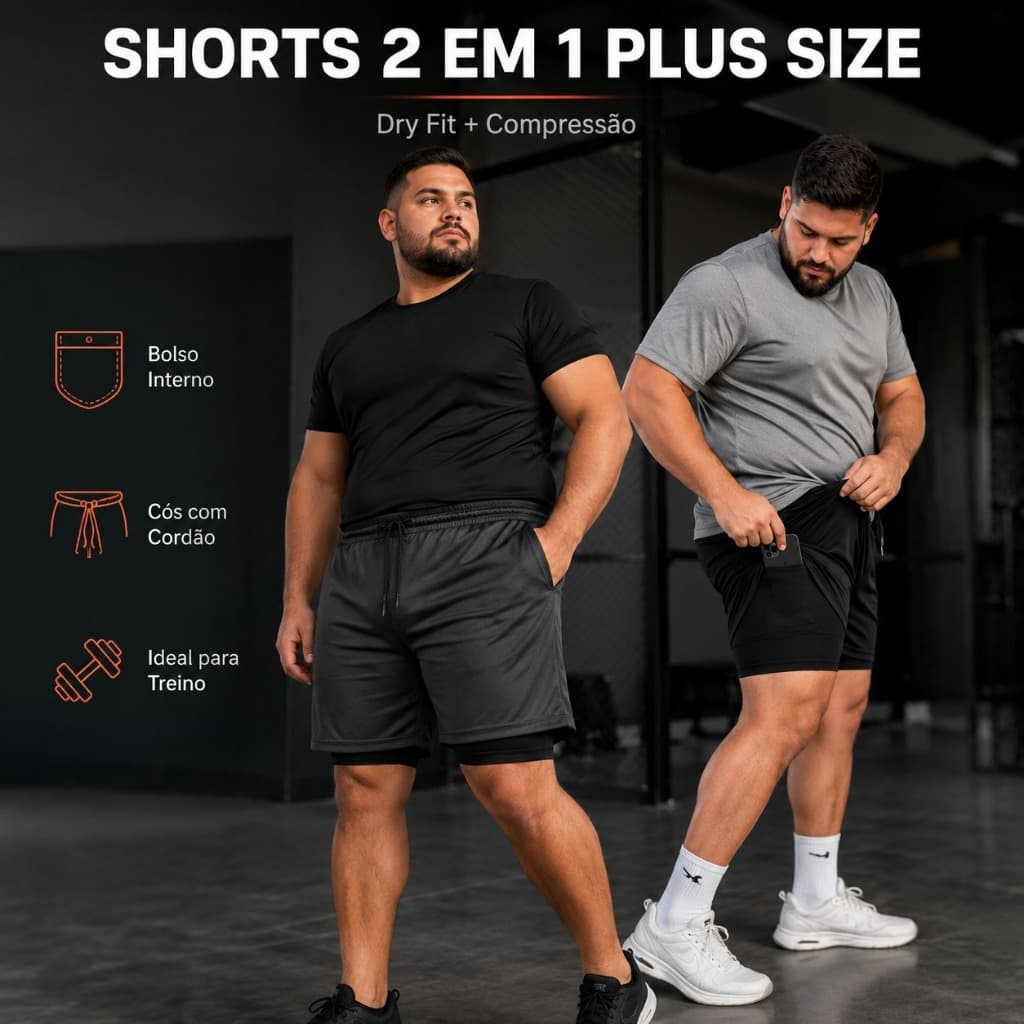 Shorts Masculino Plus Size 2 em 1 Dry Fit Compressão Bolso Interno Academia Corrida G1 G2 G3
