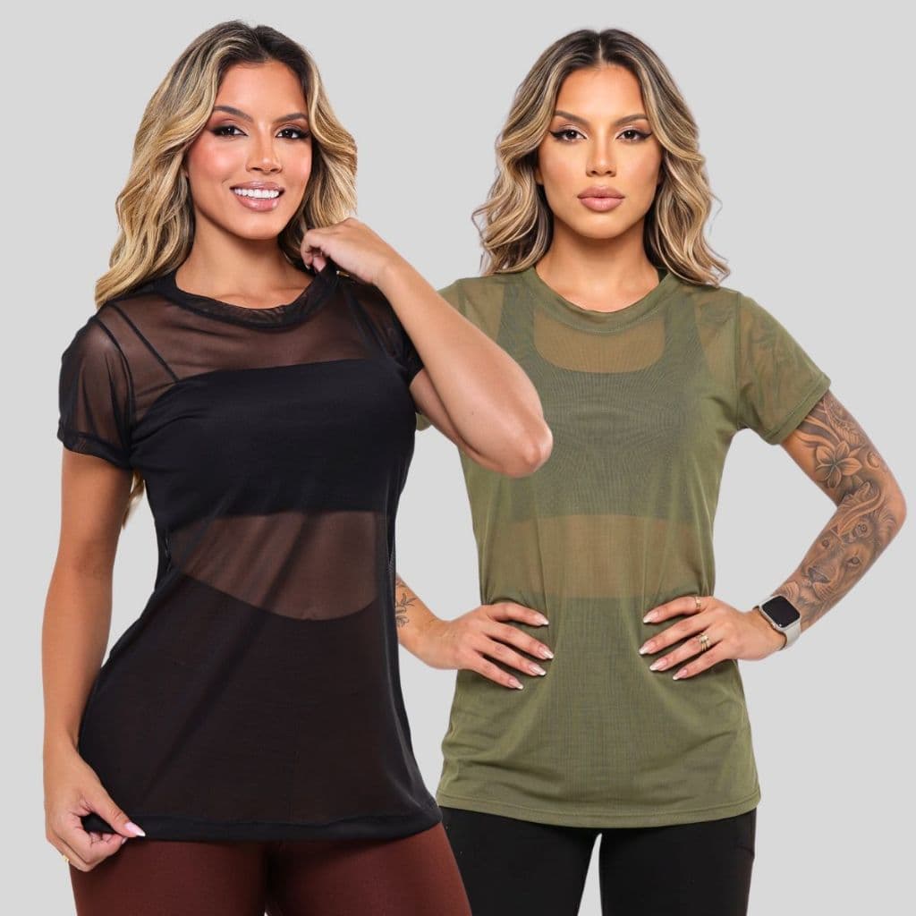 Kit 2 Blusa Feminina Moda Academia Transparente Fitness Tule Luxo