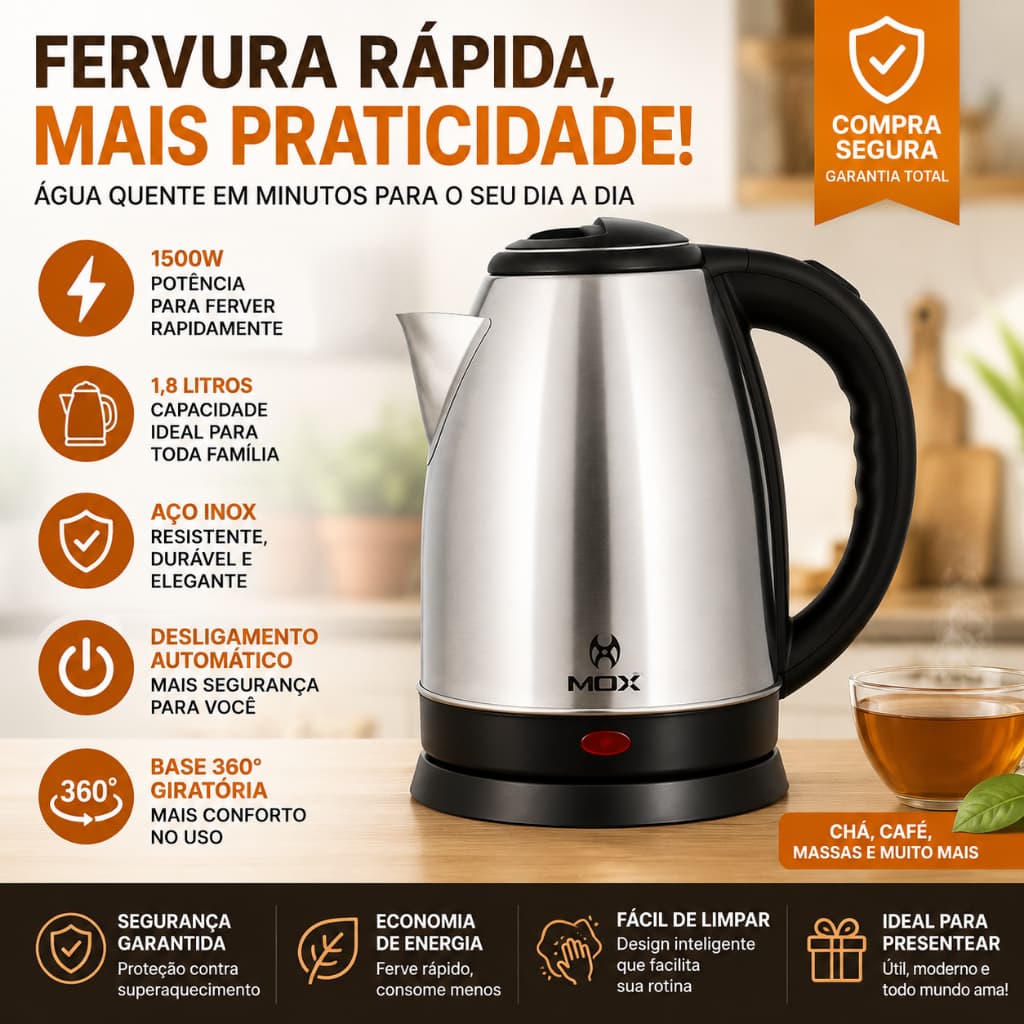 Chaleira Elétrica Premium Inox 1,8L | Aquecimento Rápido | Desligamento Automático 110v