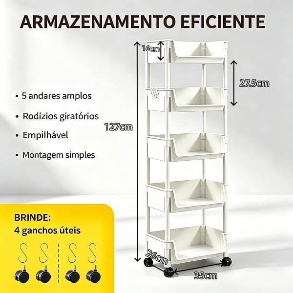 Organizador de Cantinho Casa Estante Empilhável com Rodízios para Sala Quarto Escritório