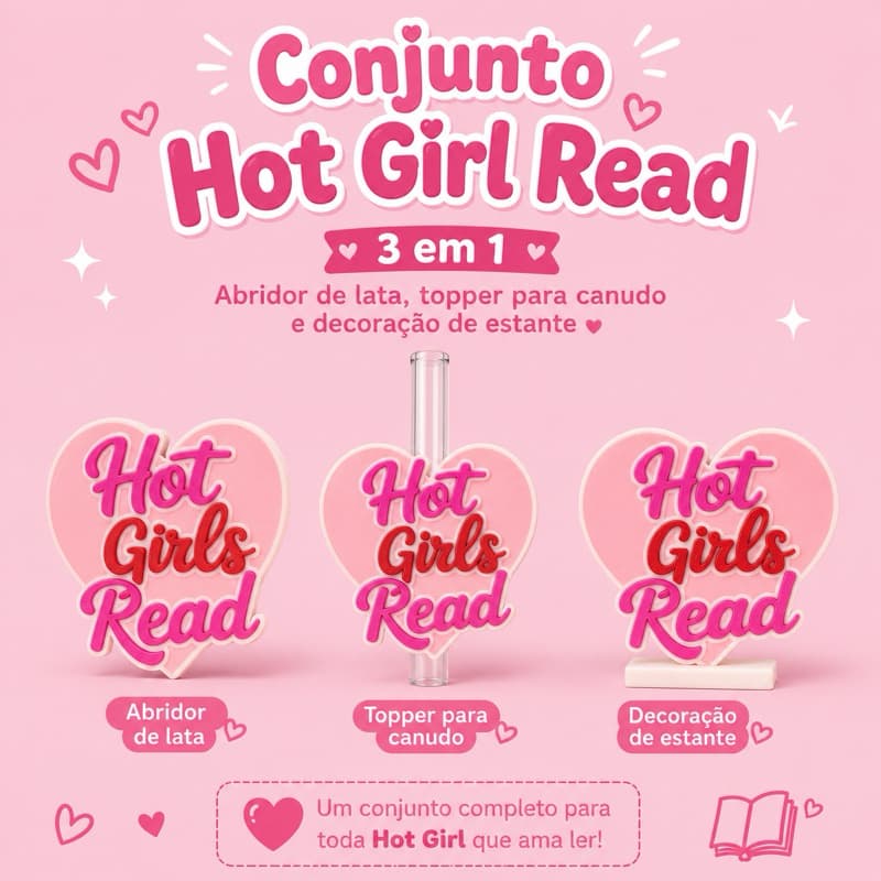 Conjunto Kit Hot Girl Read Leitoras Abridor de Lata Topper para Canudo e Decoracao Estante Kit Literario