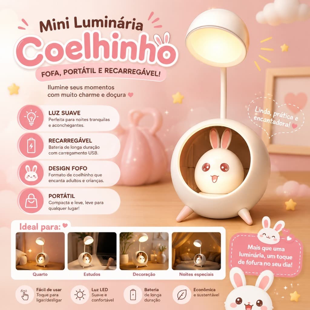 Mini luminária Portátil Recarregável Fofa Coelhinho Branco PRONTA ENTREGA