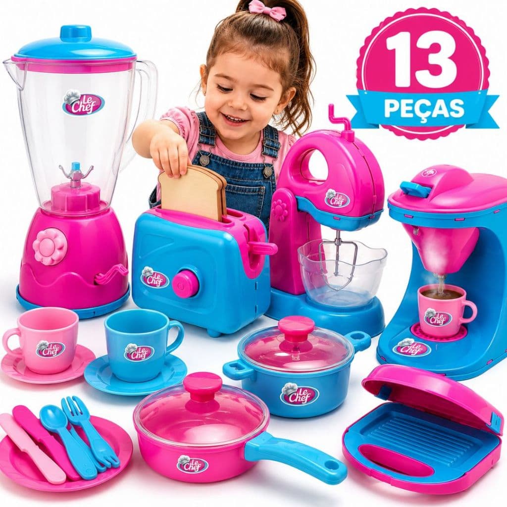 Kit Cozinha Infantil Completa 13 Peças Educativa Batedeira Liquidificador Cafeteira Torradeira Sanduicheira Brinquedo