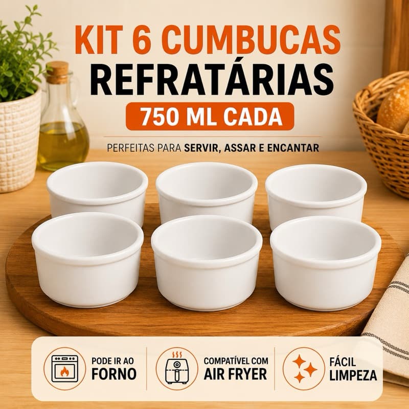 Kit 6 Cumbucas Bowl Tigela Refrataria 750ml Branca