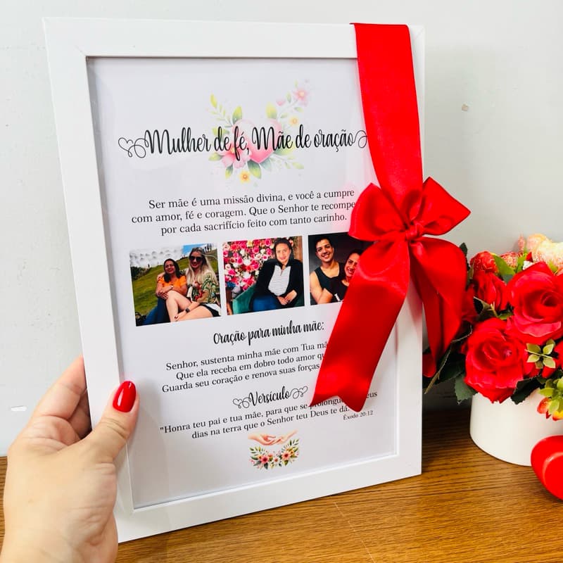Quadro Mulher de Fé Mãe de Oração Presente para mãe Personalizado com Fotos Presente Religioso Evangélica Cristã Mamãe