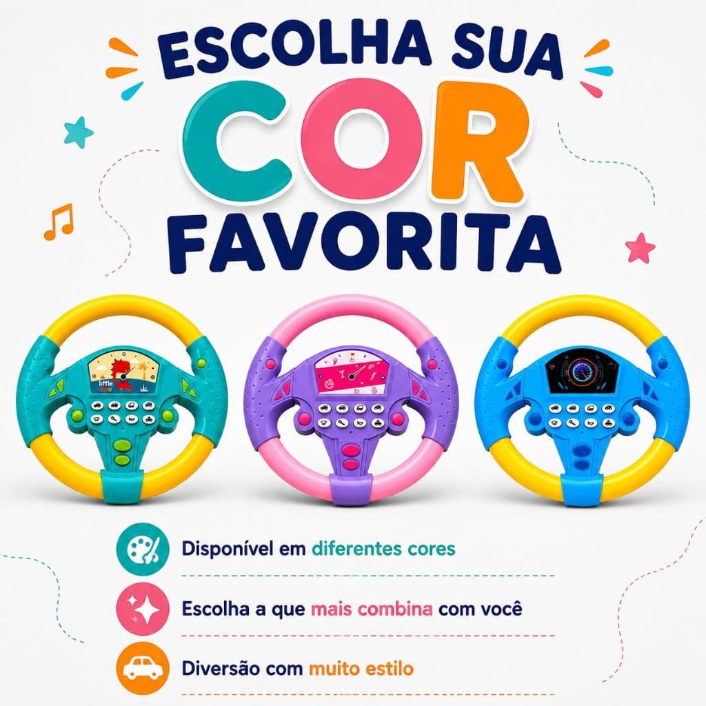 Volante Infantil Educativo Musical Interativo com Som Luzes Ventosa Simulador de Direção para Bebê
